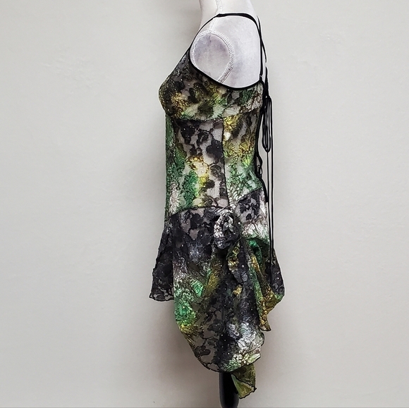 80s Rare Vintage Surprise Parties Green Tie-Dye Sheer Lace Lace-up Bustle Dress - Picture 8 of 16